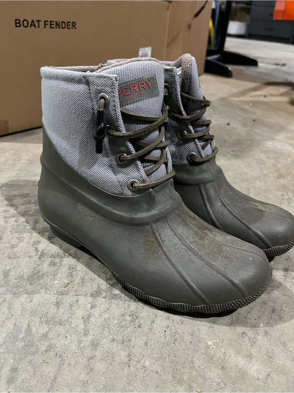 Sperry Olive Rubber Duck Boots with Gray Fabric Cuff